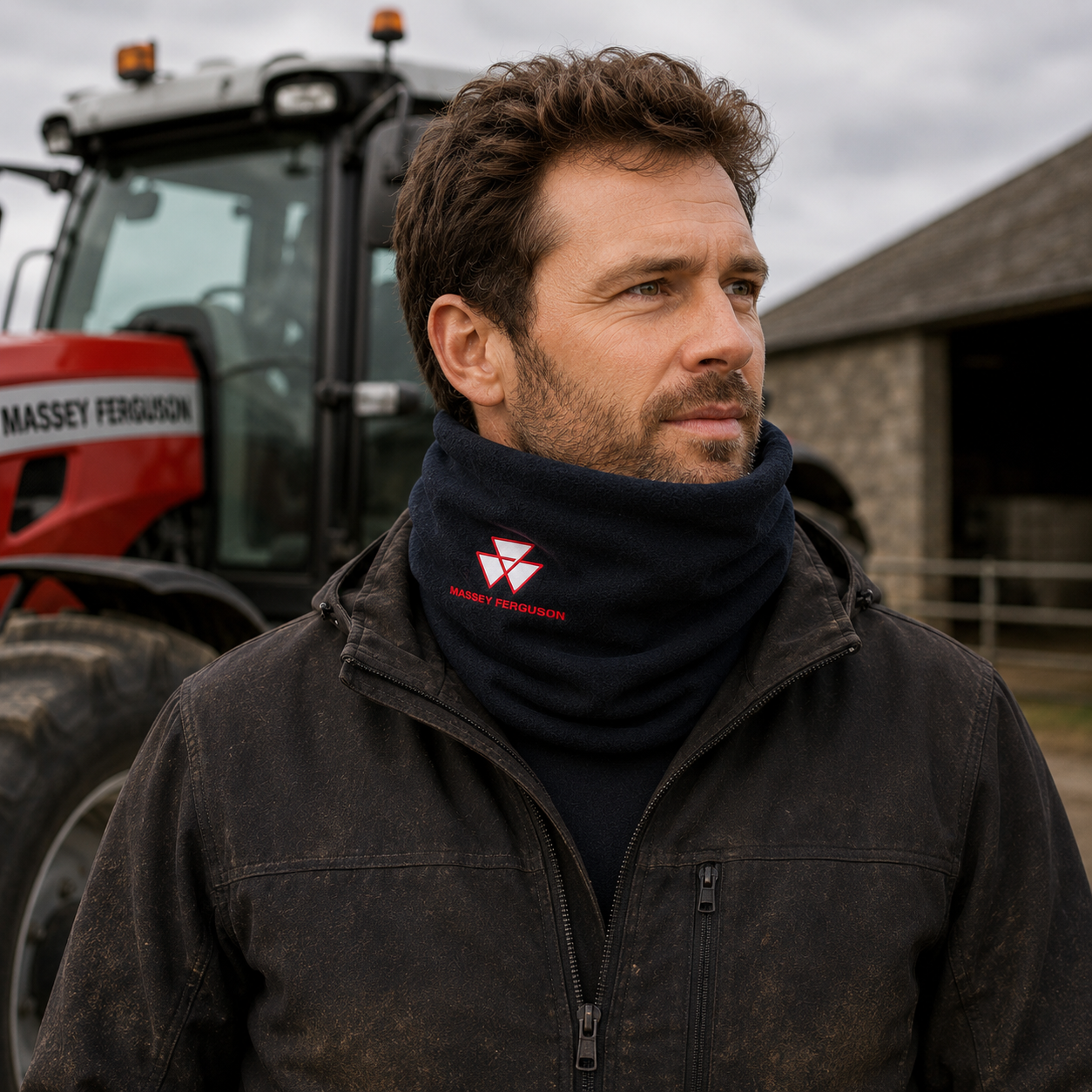 A man wearing a dark navy neck warmer with a red Massey Ferguson logo stands in front of a red tractor and stone building.