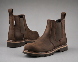 A pair of dark brown leather Chelsea boots with elastic side panels and pull tabs, shown on a neutral gray background.
