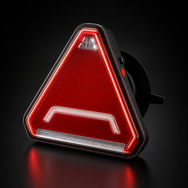 A triangular automotive reflector with integrated red LED lighting, shown at an angle on a dark reflective surface against a black background.