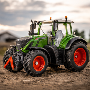 A green and black toy tractor with bright red wheels, positioned on a dirt surface with a blurred outdoor background.