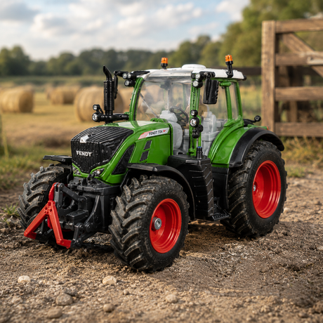 A green and black toy tractor with red wheels is positioned on a dirt path in a blurred outdoor farm setting with hay bales and a wooden fence in the background.