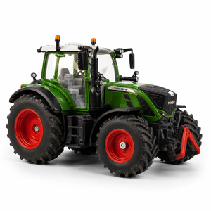 A green and black toy tractor model with bright red wheels, shown from a three-quarter angle on a clean white background. The brand name 'Fendt' is visible on the front hood.