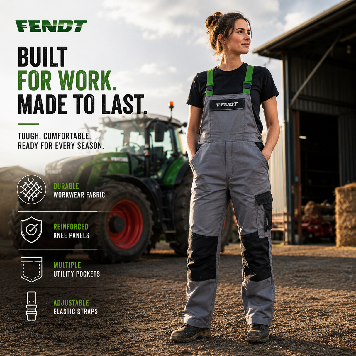 A woman wearing gray FENDT workwear overalls with green shoulder straps stands in a barnyard beside a green tractor. The image includes marketing text on the left highlighting durability, reinforced knee panels, utility pockets, and adjustable elastic straps.