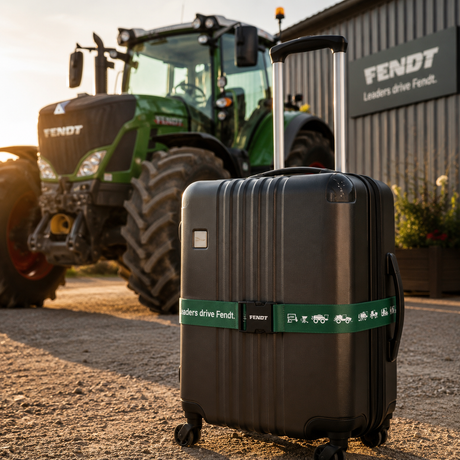 A black hard-shell rolling suitcase with an extended telescoping handle stands in the foreground on a gravel surface. A green Fendt tractor and a Fendt-branded building are blurred in the background, creating a farm-themed scene.