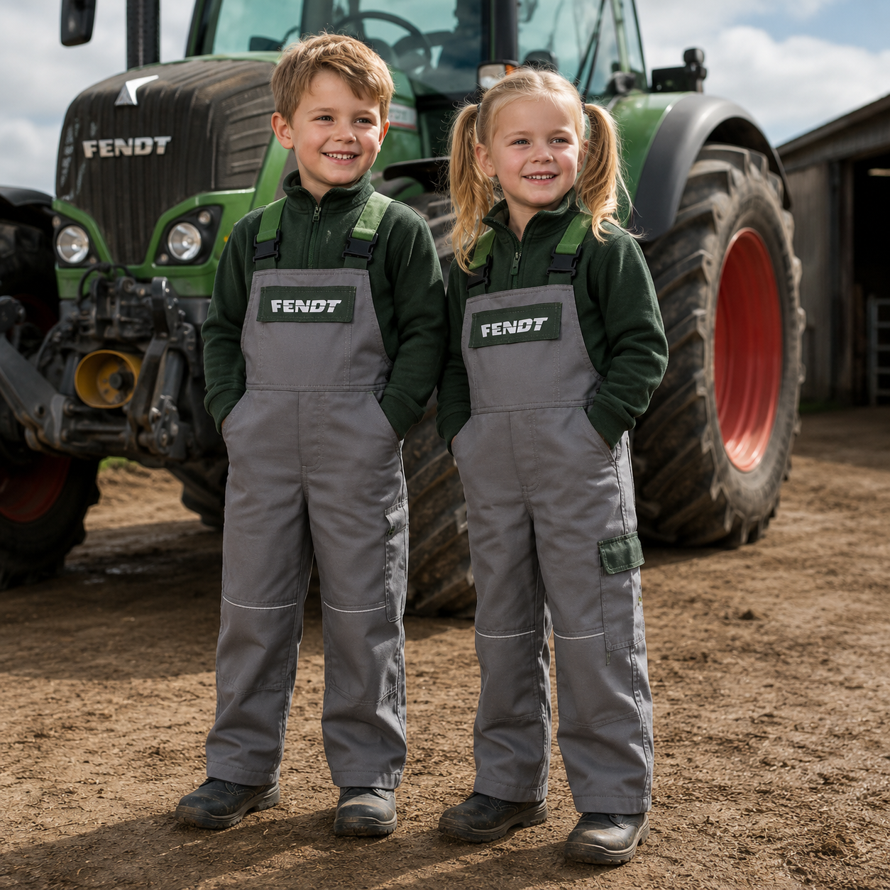 Two children standing in front of a green Fendt tractor on dirt ground, wearing matching gray and dark green work overalls with FENDT logos on the chest.