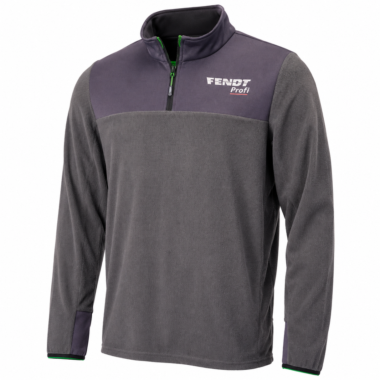 A dark gray and purple quarter-zip fleece pullover with a white 'FENDY Prof1' logo on the left chest, shown on a plain white background.