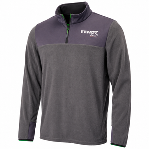 A dark gray and purple quarter-zip fleece pullover with a white 'FENDY Prof1' logo on the left chest, shown on a plain white background.
