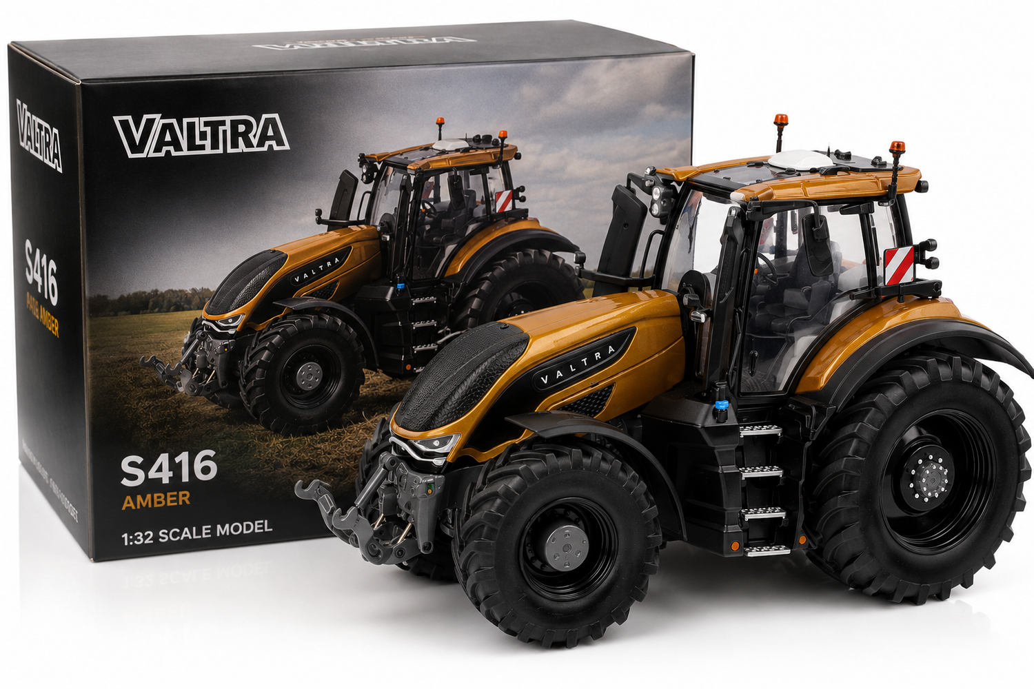 A 1:32 scale model tractor toy by Valtra, model S416 Amber, shown in front of its retail packaging box on a white background.