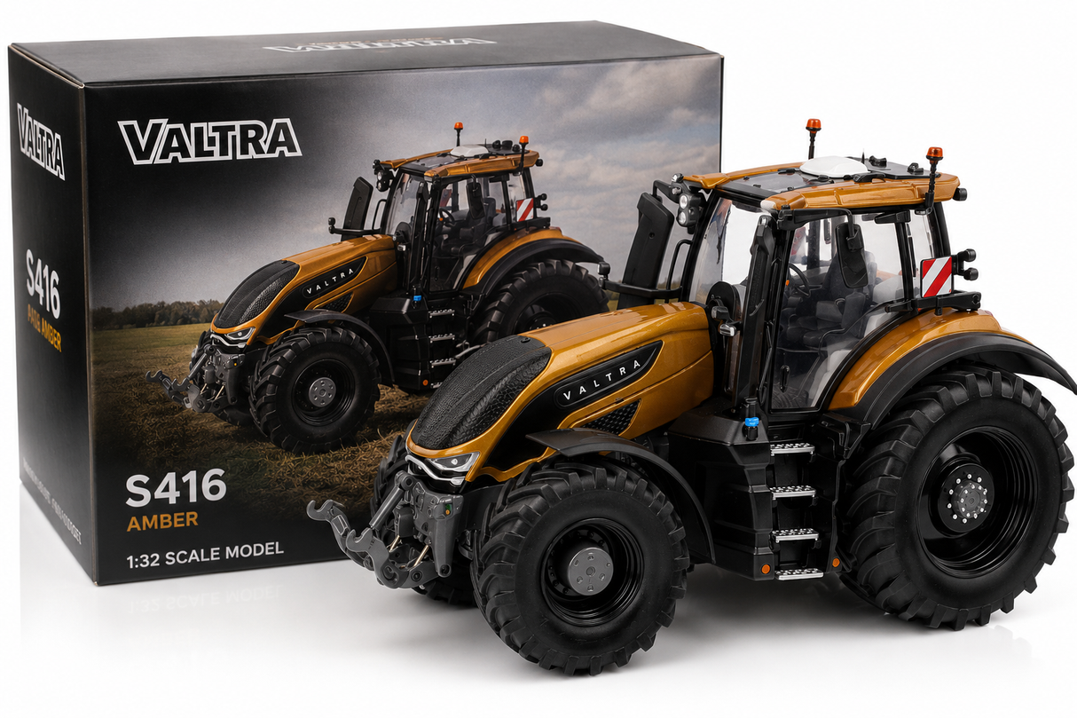 A 1:32 scale model tractor toy by Valtra, model S416 Amber, shown in front of its retail packaging box on a white background.