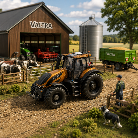 A miniature model of a Valtra tractor and trailer set up on a farm miniature scene with a model barn, silo, cows, and a small human figure.