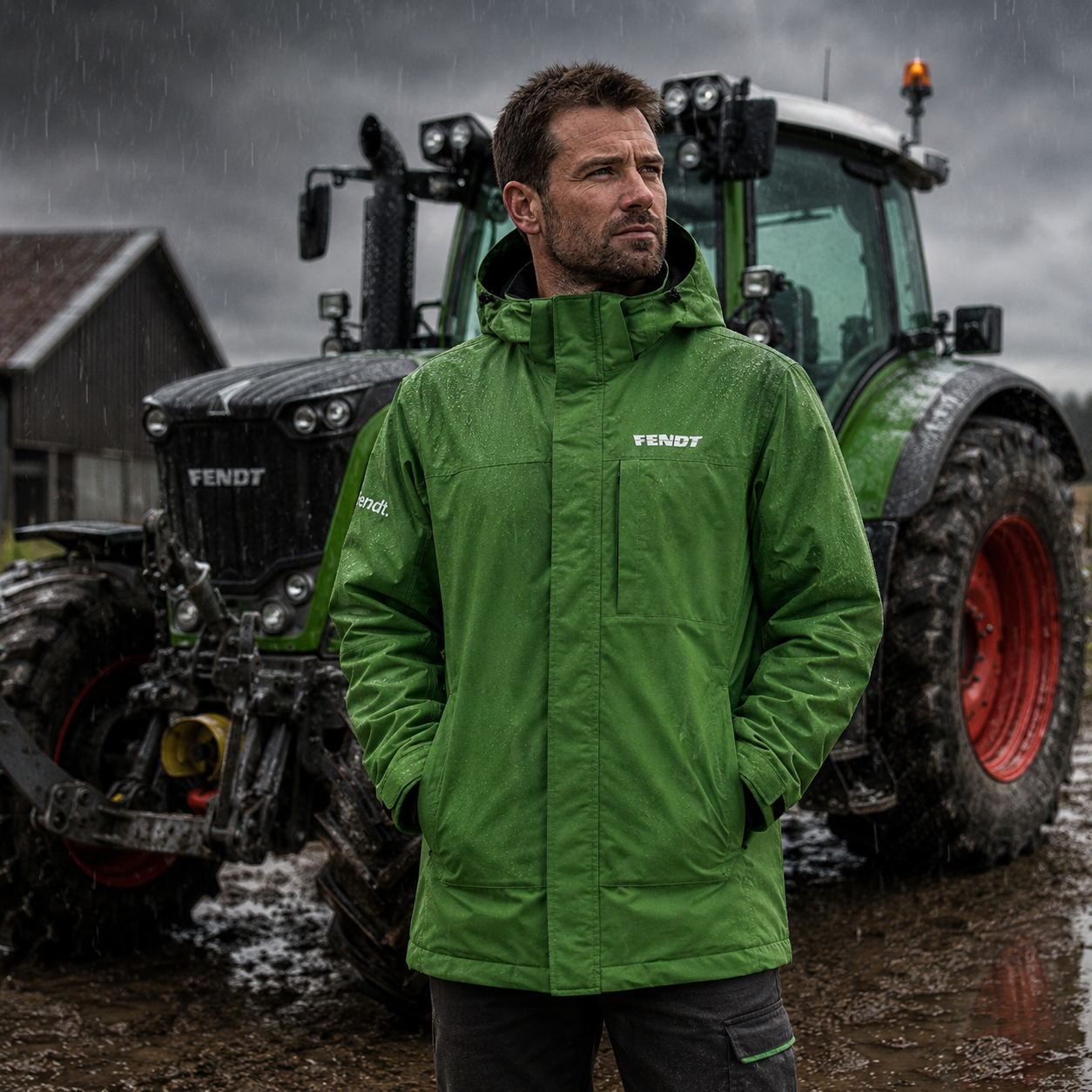A man wearing a green Fendt rain jacket stands in front of a green Fendt tractor on a muddy, rainy outdoor farm setting.