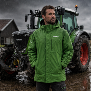 A man wearing a green Fendt rain jacket stands in front of a green Fendt tractor on a muddy, rainy outdoor farm setting.