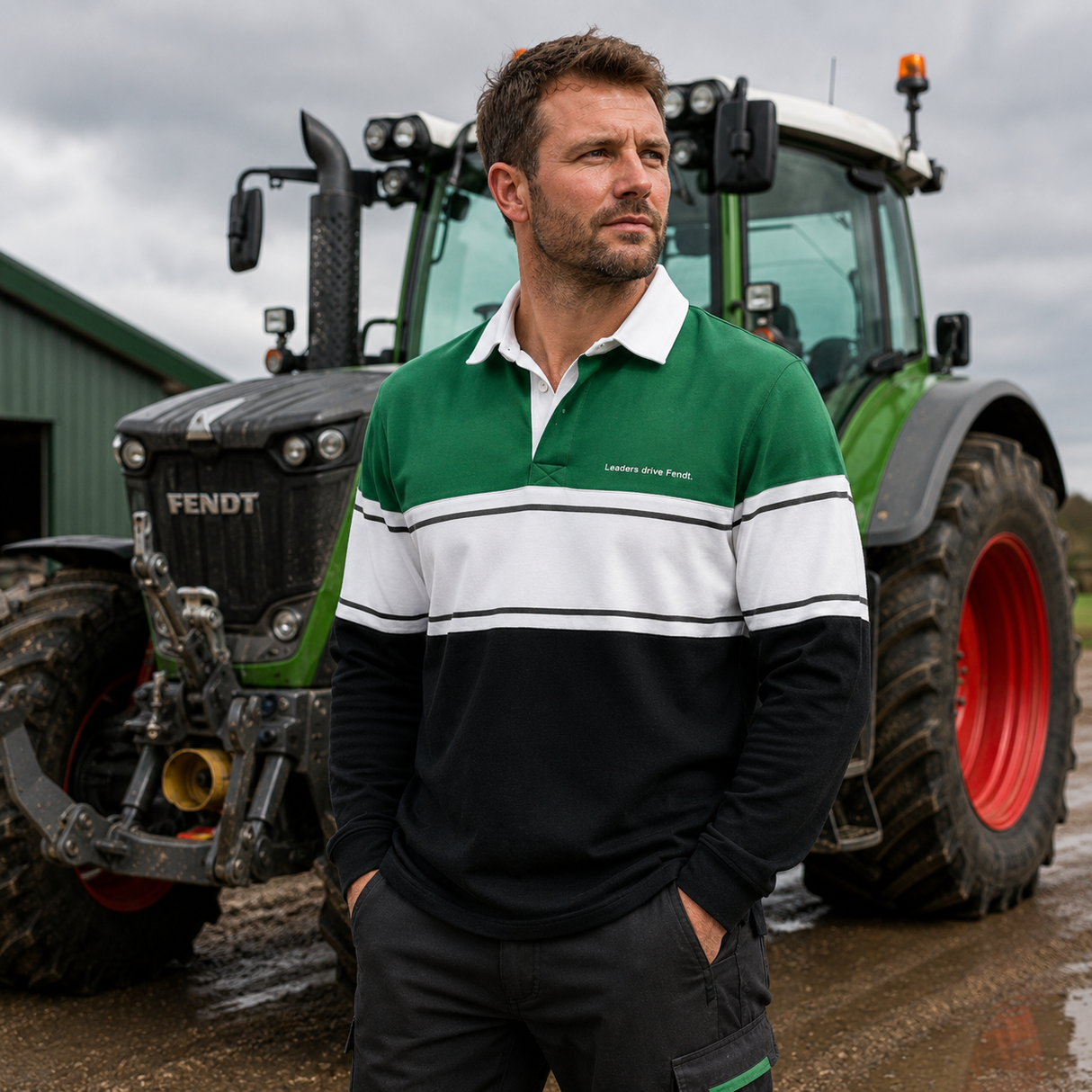 A man wearing a green, white, and black long-sleeve rugby shirt stands in front of a green Fendt tractor on a muddy outdoor farm setting.