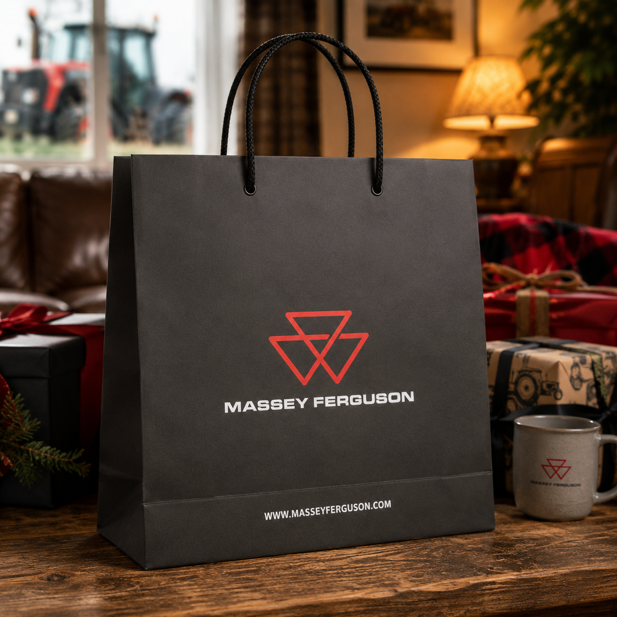 A black paper shopping bag with black handles stands on a wooden table in a cozy living room setting. The bag features the red and white Massey Ferguson logo and website printed on the front.