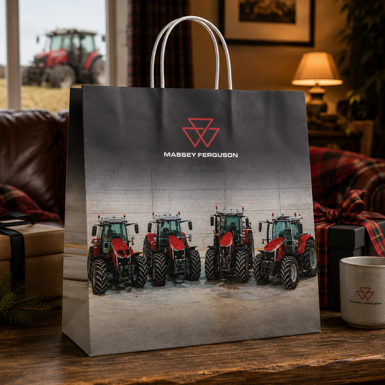 A Massey Ferguson branded paper gift bag featuring a printed photo of five red and black tractors, standing on a wooden table in a cozy living room setting.