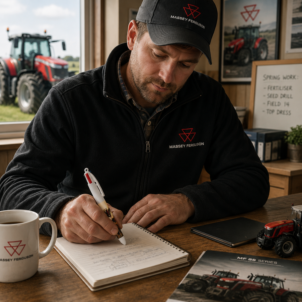 A man wearing a black Massey Ferguson cap and fleece jacket sits at a wooden desk, writing in a notebook. A white mug with the Massey Ferguson logo is in the foreground, with a tablet, toy tractor, and a real farm scene visible through the window behind him.