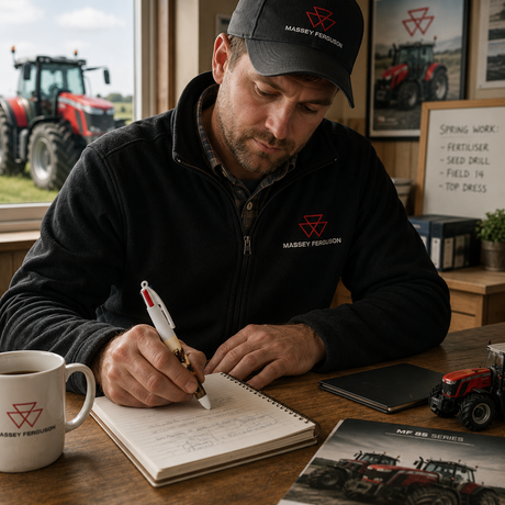 A man wearing a black Massey Ferguson cap and fleece jacket sits at a wooden desk, writing in a notebook. A white mug with the Massey Ferguson logo is in the foreground, with a tablet, toy tractor, and a real farm scene visible through the window behind him.
