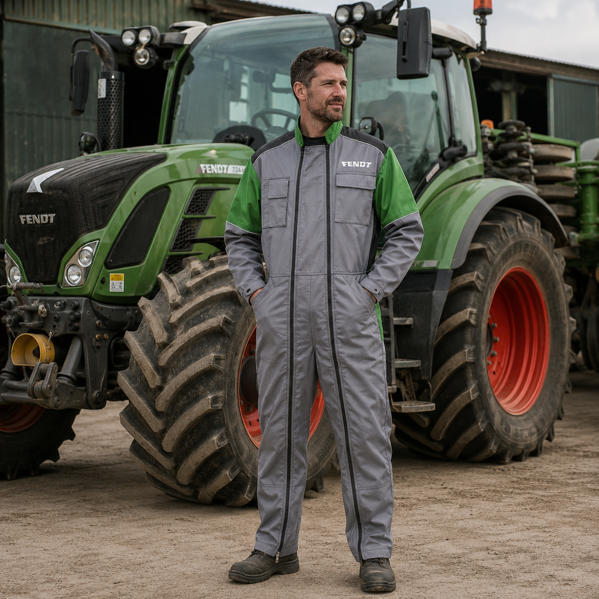 A man wearing a gray and green agricultural jumpsuit stands in front of a green VendiTech tractor on a farm. The jumpsuit is primarily gray with green sleeves and shoulder panels, and black zippers and piping details.