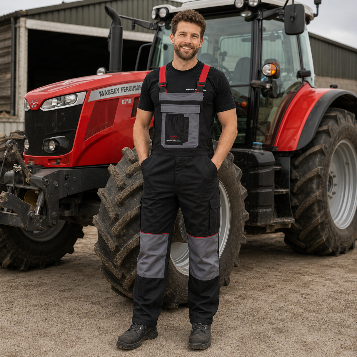A man wearing a black and gray agricultural work jumpsuit stands in front of a red Massey Ferguson tractor on a farm.
