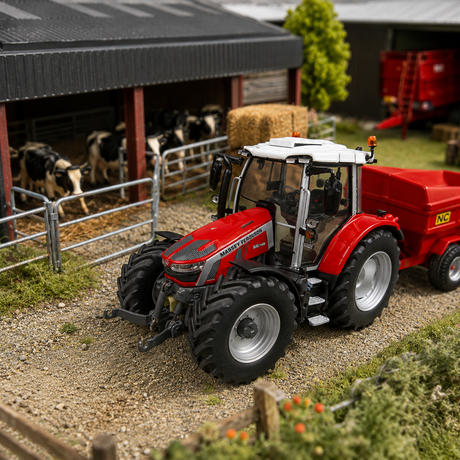 A red and white toy tractor with a black front loader is shown in a detailed miniature farm diorama, positioned next to a red trailer. The diorama includes a barn with cows, hay bales, and a small tree in the background.