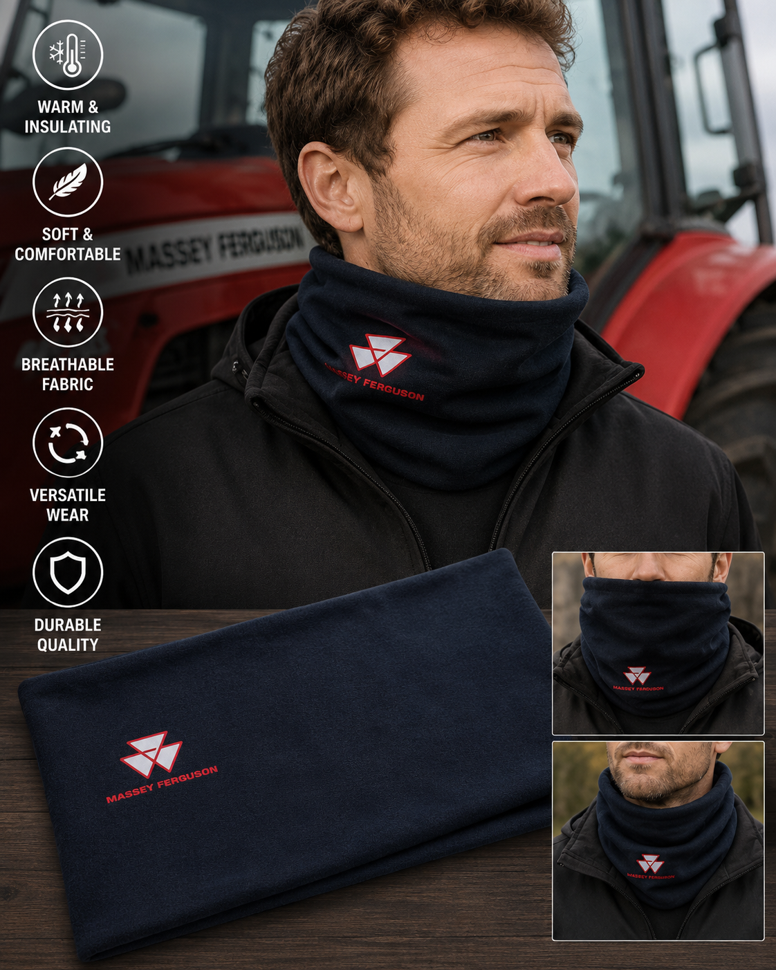 A man wearing a dark navy neck warmer gaiter with a red and white Massey Ferguson logo, shown alongside a folded view of the same neck warmer on a table. The image includes feature callout icons on the left and two smaller inset images showing the neck warmer worn at different angles.