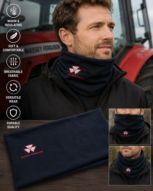 A man wearing a dark navy neck warmer gaiter with a red and white Massey Ferguson logo, shown alongside a folded view of the same neck warmer on a table. The image includes feature callout icons on the left and two smaller inset images showing the neck warmer worn at different angles.