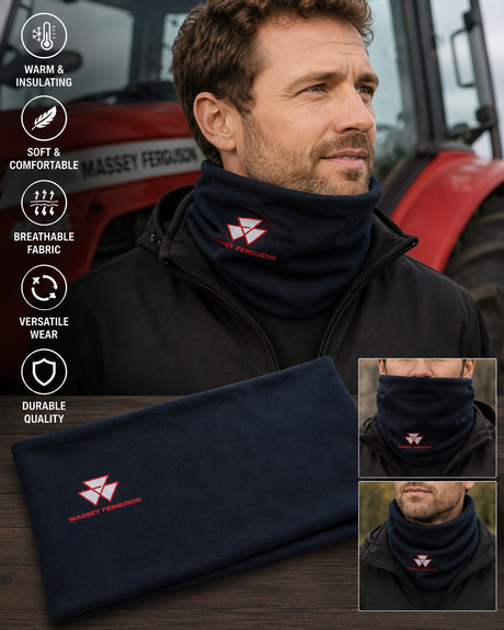 A man wearing a dark navy neck warmer gaiter with a red and white Massey Ferguson logo, shown alongside a folded view of the same neck warmer on a table. The image includes feature callout icons on the left and two smaller inset images showing the neck warmer worn at different angles.