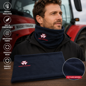 A man wearing a navy fleece neck warmer with a red and white Massey Ferguson logo, with a matching folded neck warmer displayed in the foreground on a wooden surface. The background shows a red Massey Ferguson tractor, and the left side features a vertical list of product benefits with icons.