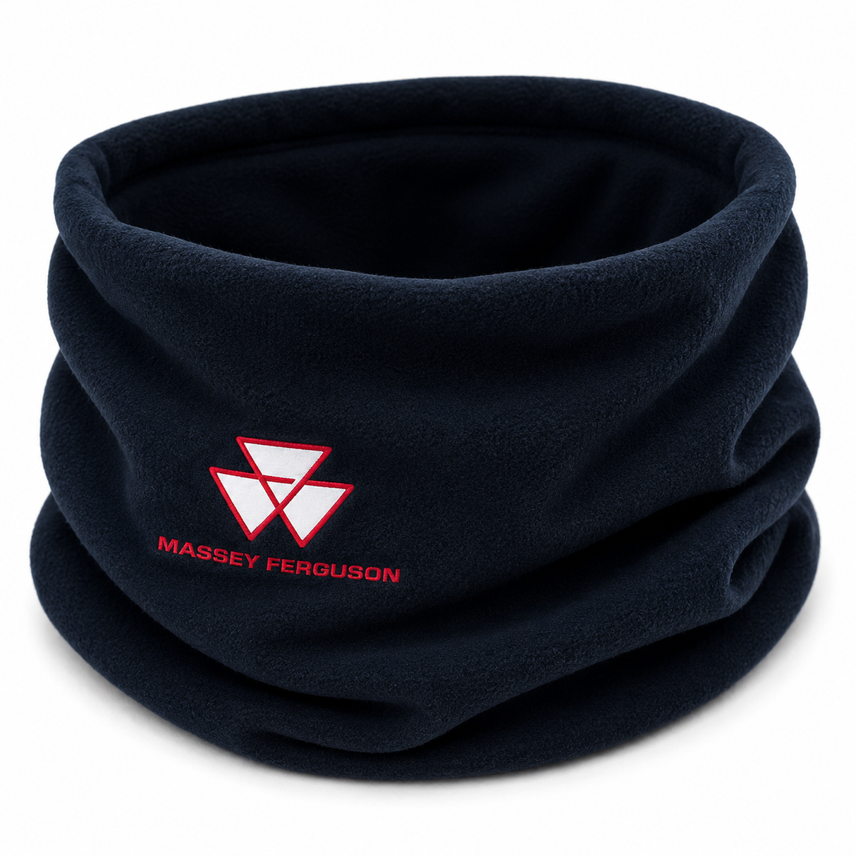 A dark navy blue fleece neck warmer tube featuring a red and white Massey Ferguson logo and text on the front, displayed on a clean white background.