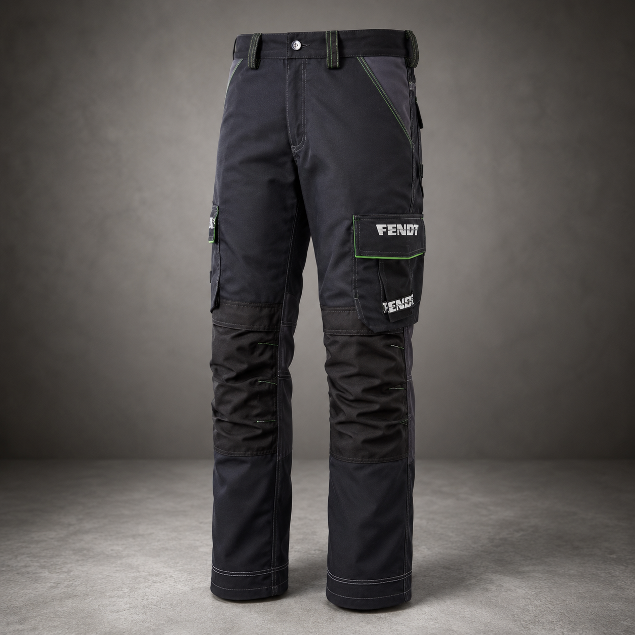 A pair of dark gray Fendi work pants with multiple utility pockets, shown against a dark gray studio background.