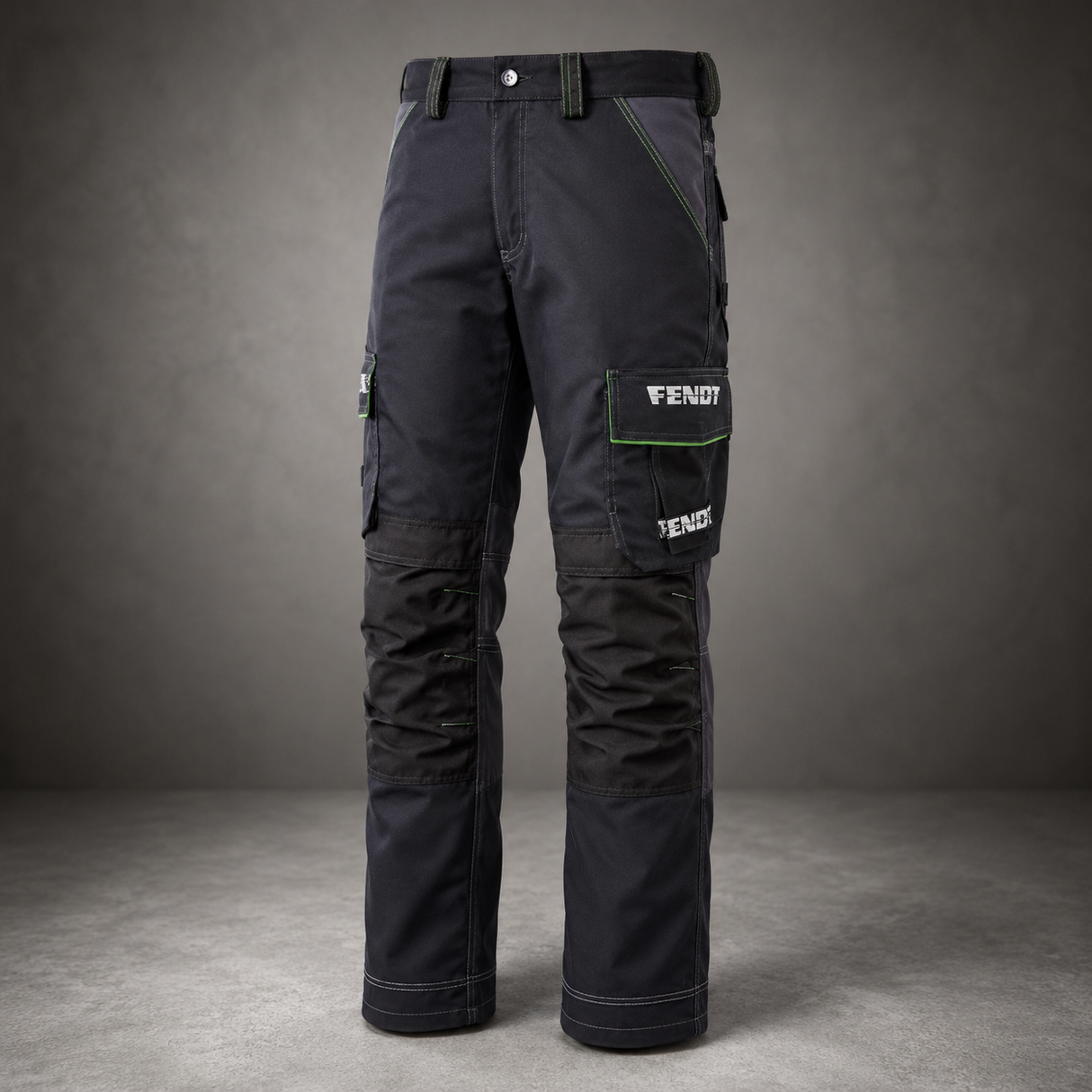 A pair of dark gray Fendi work pants with multiple utility pockets, shown against a dark gray studio background.