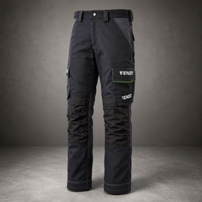 A pair of dark gray Fendi work pants with multiple utility pockets, shown against a dark gray studio background.