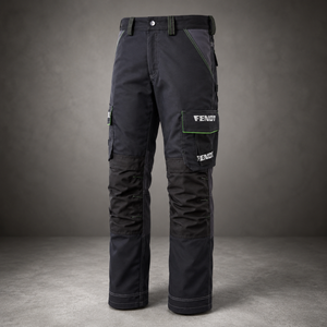 A pair of dark gray Fendi work pants with multiple utility pockets, shown against a dark gray studio background.