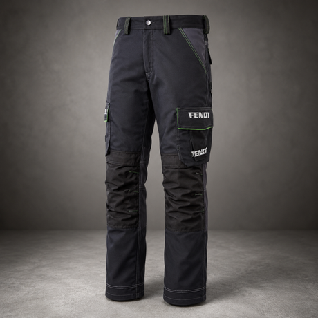 A pair of dark gray Fendi work pants with multiple utility pockets, shown against a dark gray studio background.
