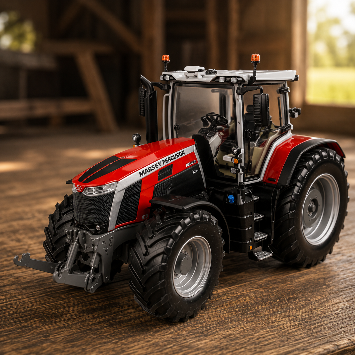 A red, black, and white toy tractor model with 'MAGNET FERGUSON' branding, displayed on a rustic wooden surface with a blurred barn background.