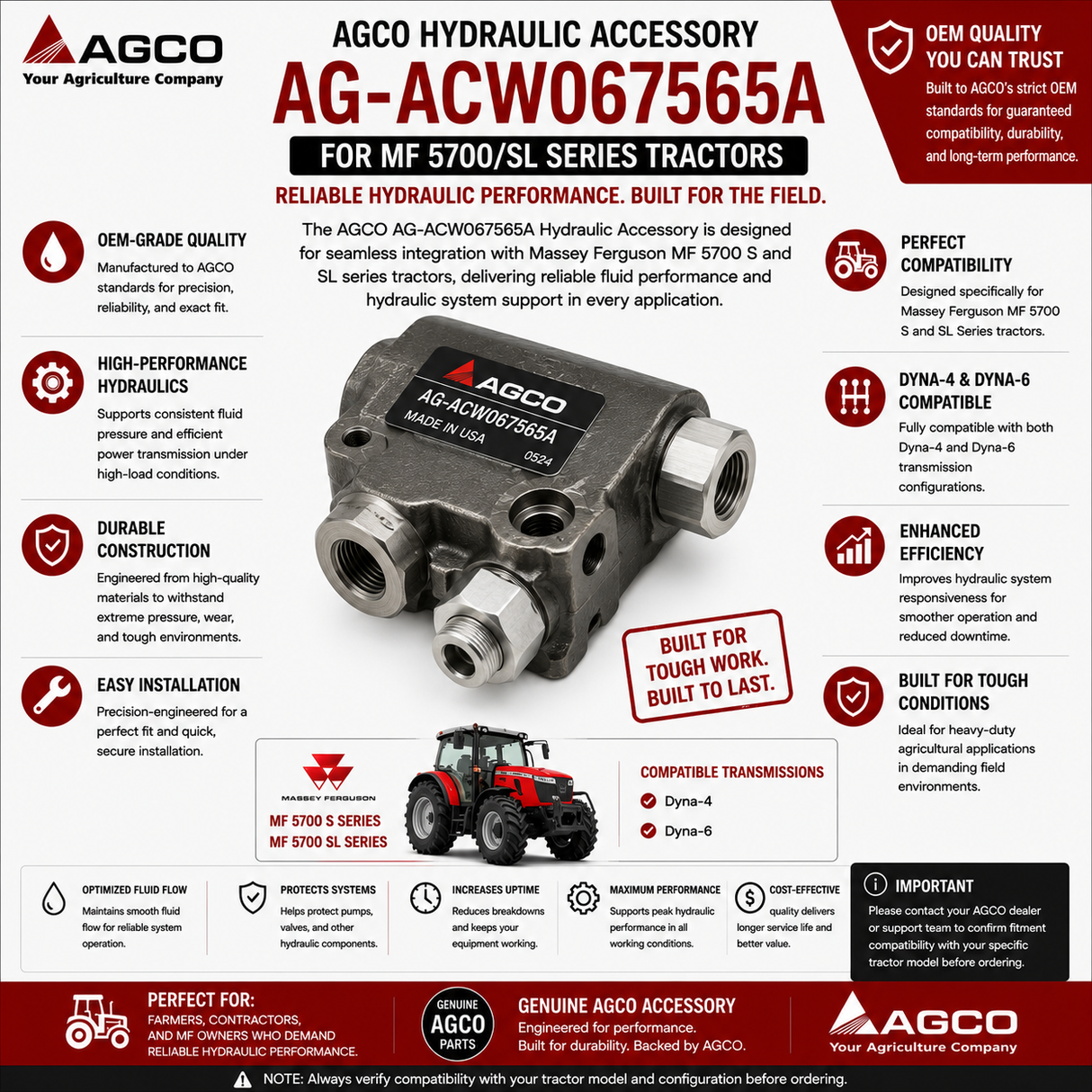 AGCO Hydraulic Accessory AG‑ACW067565A for MF 5700/SL Series