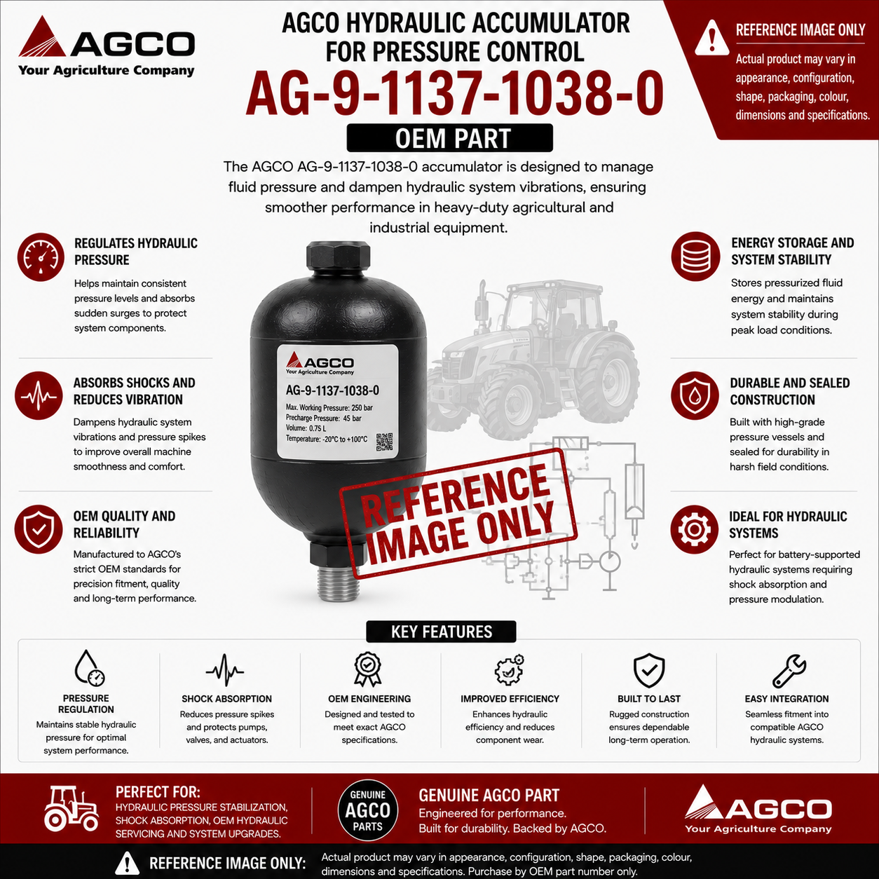 AGCO Hydraulic Accumulator for Pressure Control | AG-9-1137-1038-0