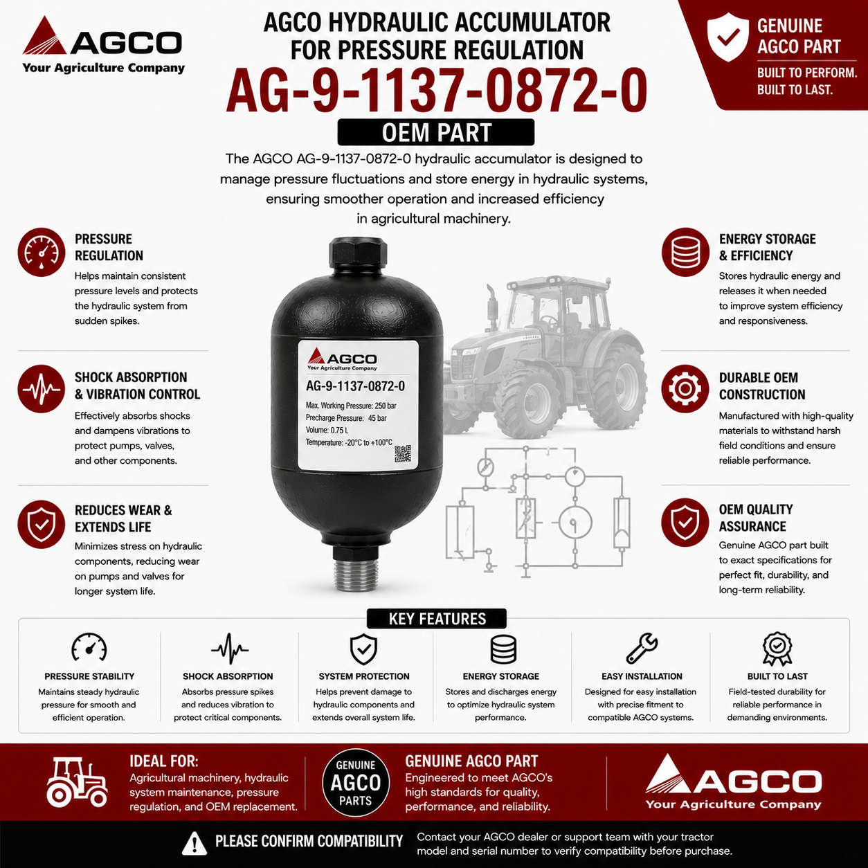AGCO Hydraulic Accumulator for Pressure Regulation | AG-9-1137-0872-0
