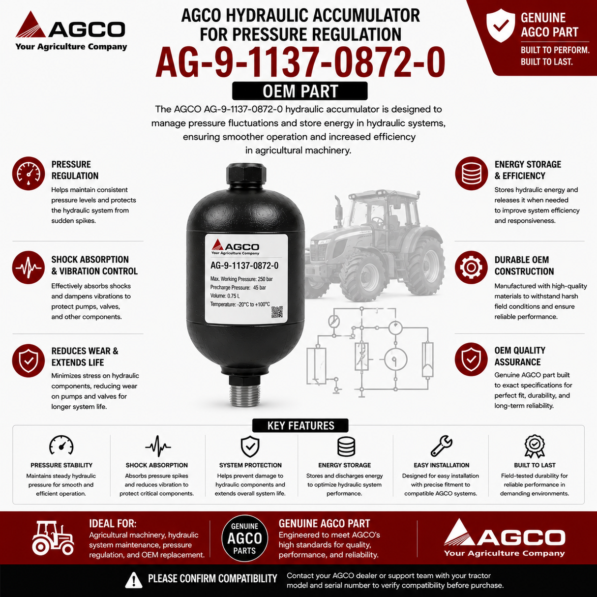 AGCO Hydraulic Accumulator for Pressure Regulation | AG-9-1137-0872-0
