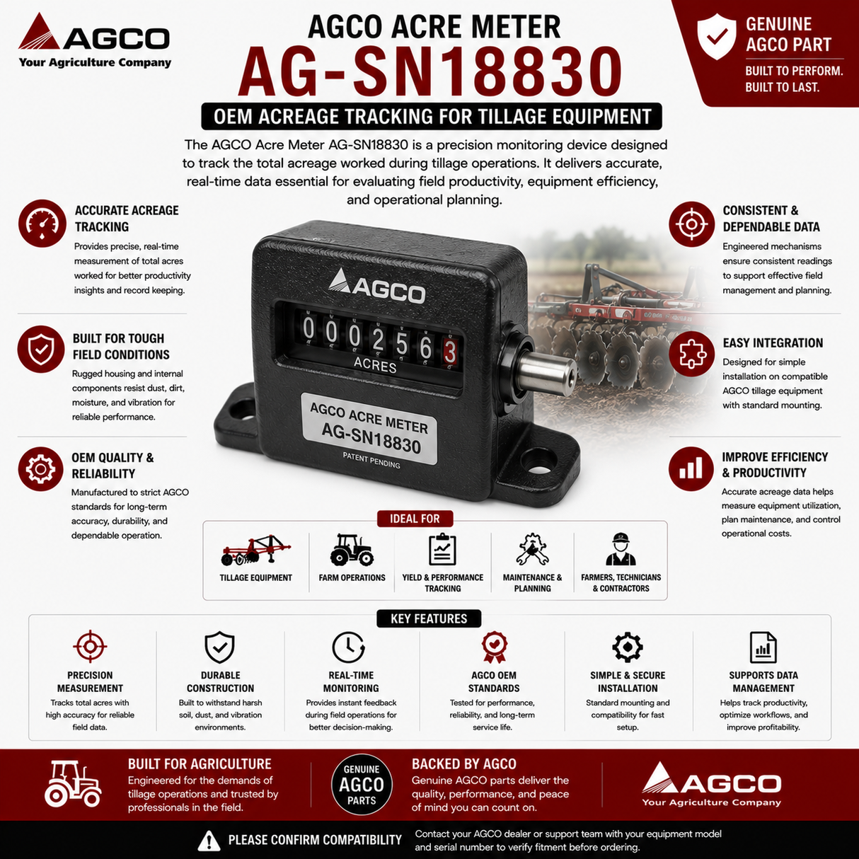 AGCO Acre Meter AG-SN18830 | OEM Acreage Tracking for Tillage Equipment