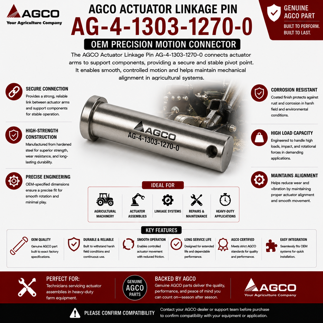 AGCO Actuator Linkage Pin AG-4-1303-1270-0 | OEM Precision Motion Connector