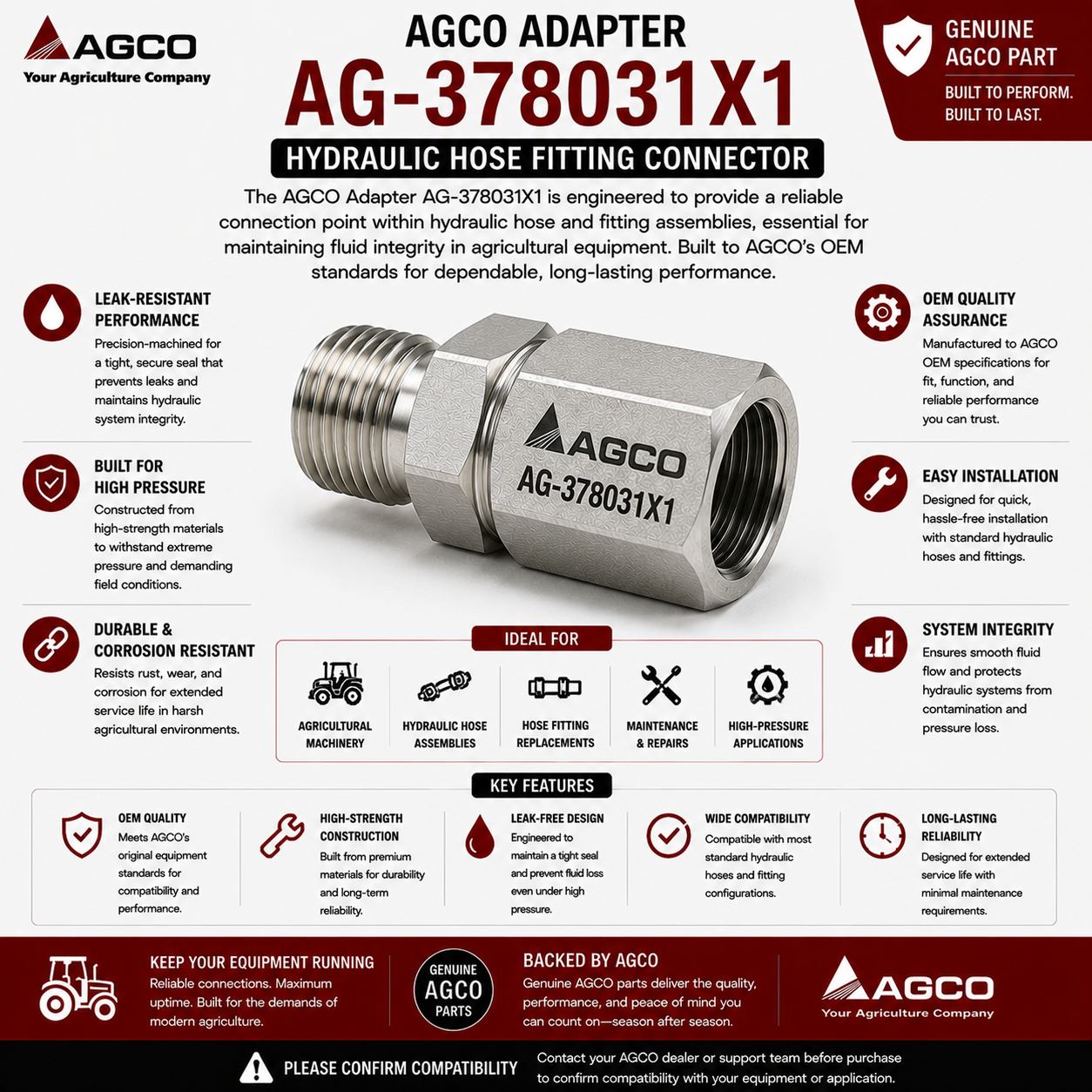 AGCO Adapter AG-378031X1 | Hydraulic Hose Fitting Connector