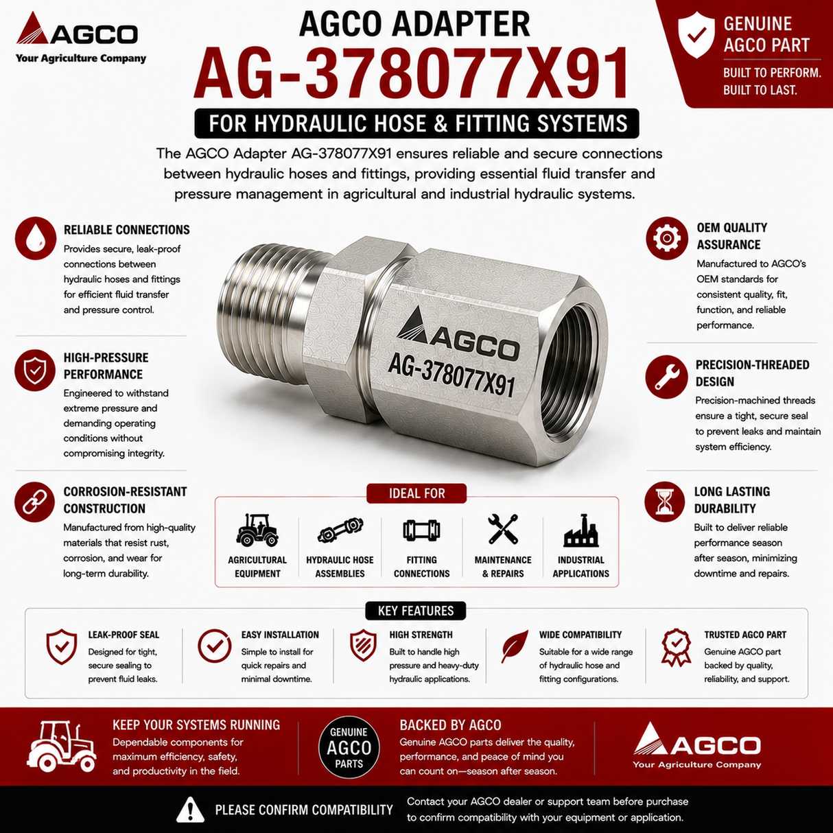 AGCO Adapter AG-378077X91 for Hydraulic Hose and Fitting Systems