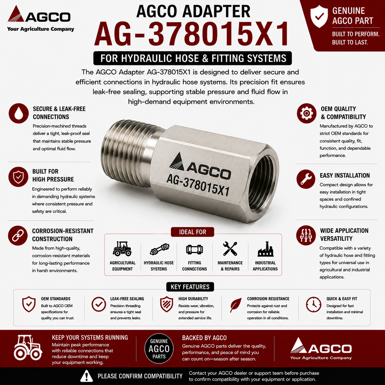 AGCO Adapter AG-378015X1 for Hydraulic Hose and Fitting Systems