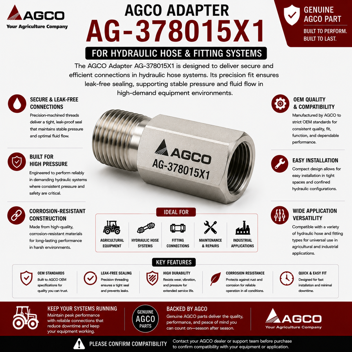 AGCO Adapter AG-378015X1 for Hydraulic Hose and Fitting Systems
