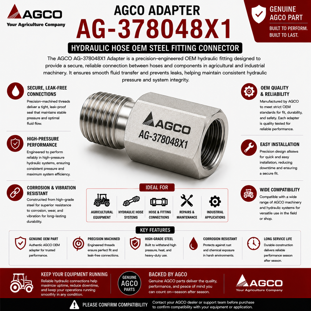 AGCO Adapter Hydraulic Hose OEM Steel Fitting Connector | AG-378048X1