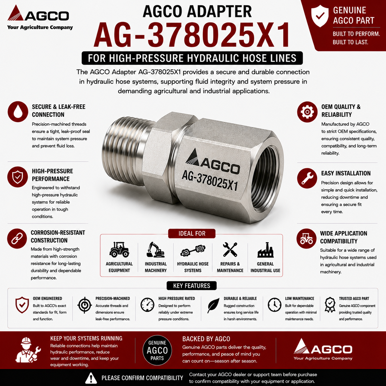 AGCO Adapter AG-378025X1 for High-Pressure Hydraulic Hose Lines