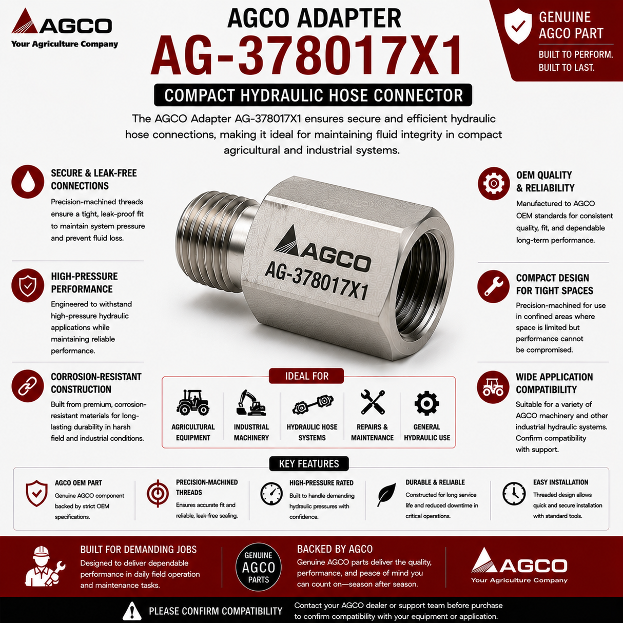 AGCO Adapter AG-378017X1 | Compact Hydraulic Hose Connector