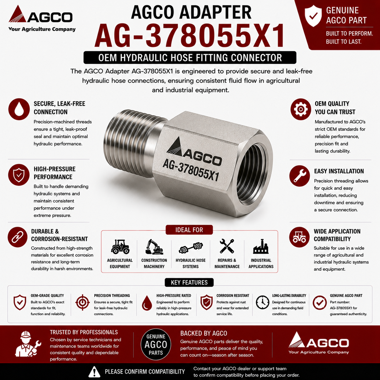 AGCO Adapter AG-378055X1 | OEM Hydraulic Hose Fitting Connector