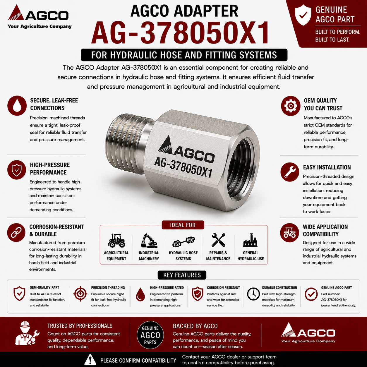 AGCO Adapter AG-378050X1 for Hydraulic Hose and Fitting Systems